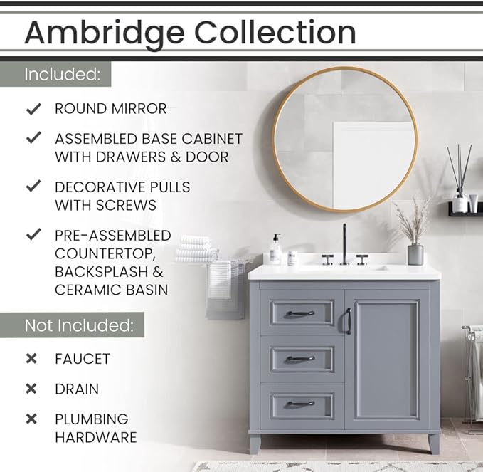 Hanover Ambridge 36'' Vanity Cabinet with Sink Combo for Bathroom, Powder Room | Pre-Assembled Cabinet | 1 Door, 3 Drawers | Artificial Stone Countertop, Gray Cabinet