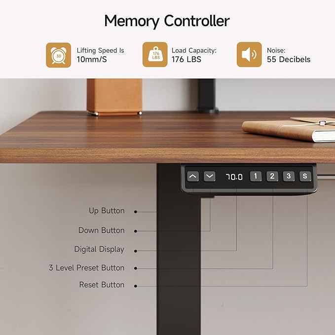 ONBRILL Standing Desk with 2 Adjustable Monitor Shelves, 63 x 24 Inches Electric Stand Up Desk with Memory Controller and Adjustable Height from 28-46 inches for Computer Workstations, Walnut