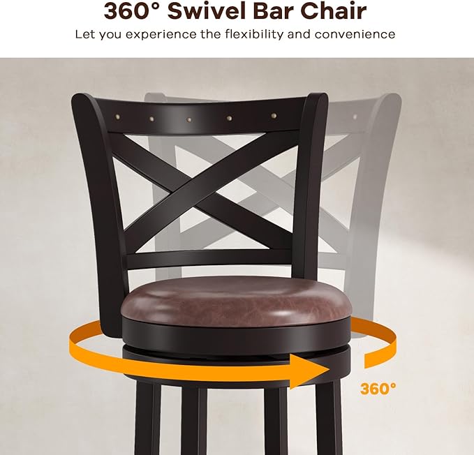 COSTWAY Bar Stools Set of 4, 26" Swivel Counter Height Bar Chairs with Copper Nails, Upholstered Seat, X-Shaped Backrest, Solid Rubber Wood Frame, for Kitchen Island Pub Bar