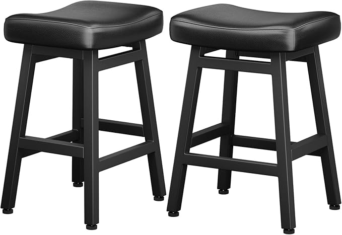 Counter Height Bar Stools Set of 2, 24 Inch Barstools for Kitchen Counter, Kitchen Stools with Bonded Leather Saddle Seats & Heavy Duty Metal Legs, Easy Assembly, All Black