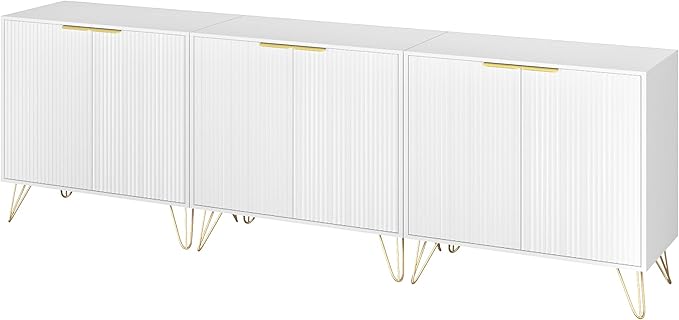 Storage Cabinet Set of 3, White Fluted Cabinet with Adjustable Shelves, Modern Coffee Bar for Kitchen, Living Room and Office