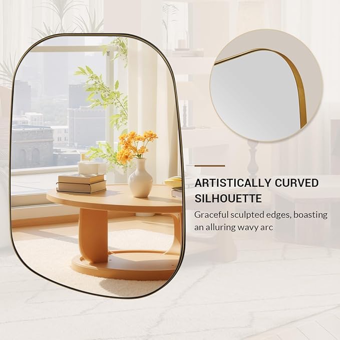 ANDY STAR 24"x40" Asymmetrical Wall Mirror，Brushed Gold Irregular Bathroom Mirror with Stainless Steel Metal Frame, Wall-Mounted Mirror for Bathroom, Entryway (Horizontal/Vertical)
