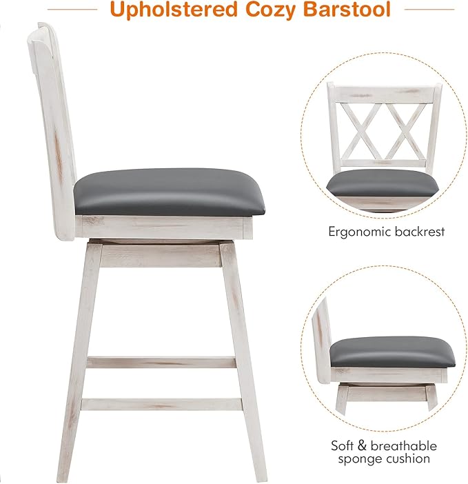 COSTWAY Bar Stool Set of 2, 360° Swivel Counter Height 25inch Bar Stool with Foot Rest Upholstered Cushion & Ergonomic Backrest, Sturdy Frame, for Pub, Kitchen Islands (2, Antique White + Grey)