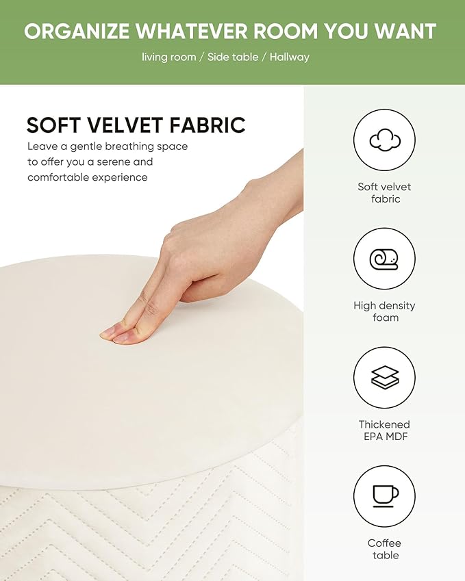 B FSOBEIIALEO Ottoman with Stroage, Round Velvet Storage Ottoman with Gold Plating Base,Foot Rest Stool for Dorm Room, Living Room White, 14.76"x14.76"x16.36"