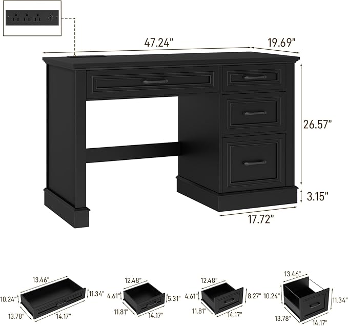 Vabches Farmhouse 47" Executive Desk, Computer Desk with Drawers and File Drawer, Workstation Computer Desk with Charging Station for Home Office, Study,Pure Black.