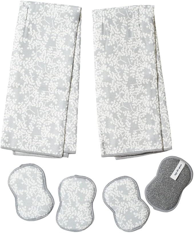 Kitchen Towel and Sponge Set Grey, 6 Piece Super Absorbent Reusable Quick Dry Towels and Washable Sponges Made from Recycled Materials, Durable Eco Friendly Cleaning Set for Kitchen