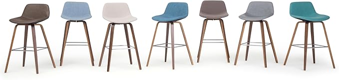 SIMPLIHOME Randolph Counter Stools (Set of 2) - 28 Inch Seat Height Upholstered Bentwood Kitchen Seats in Natural Linen Look Fabric, Mid Century Modern Seating with Curved Backrest and Chrome Footrest