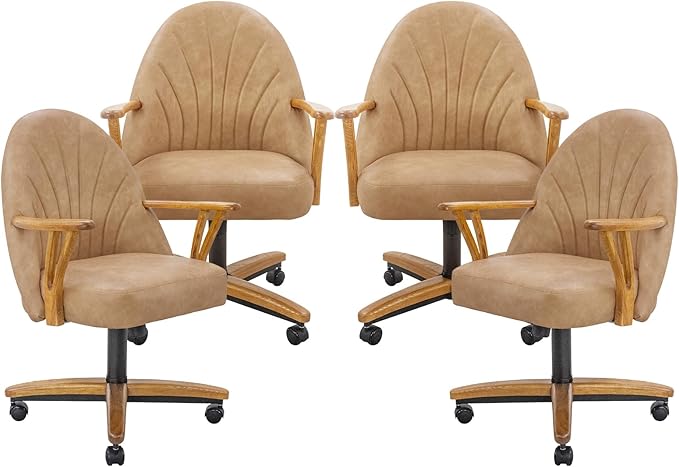 Chromcraft Set of 4 Caster Swivel Tilt Dining Chairs, PU Leather Chairs with Soft Wheels, Ultra Comfy Sturdy Kitchen Room Chairs, Rolling Chair on Wheels for Home (Ivanhoe NPL Nude)