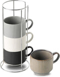 Ceramic Coffee Mugs with Stand,15 Ounce Stackable Coffee Cups Set of 4 for Latte,Cappuccino,Mocha,Cocoa,Ribbed Vintage Coffee Cups for Men Women,Dishwasher & Microwave Safe,Ribbed Multicolor