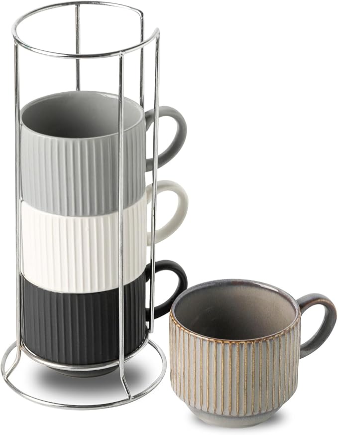 Ceramic Coffee Mugs with Stand,15 Ounce Stackable Coffee Cups Set of 4 for Latte,Cappuccino,Mocha,Cocoa,Ribbed Vintage Coffee Cups for Men Women,Dishwasher & Microwave Safe,Ribbed Multicolor