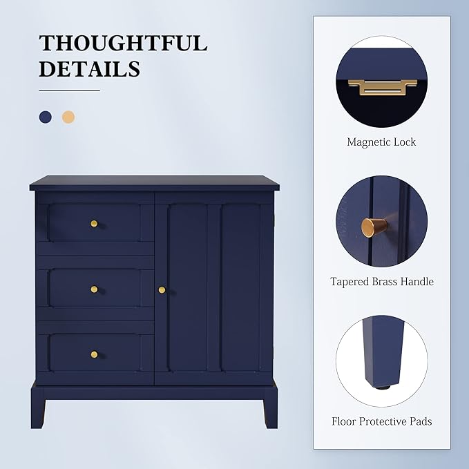 HLR Accent Cabinet with 3 Drawers and Door, Wooden Storage Cabinet with Shelves, Sideboard for Living Room, Entryway, Navy Blue