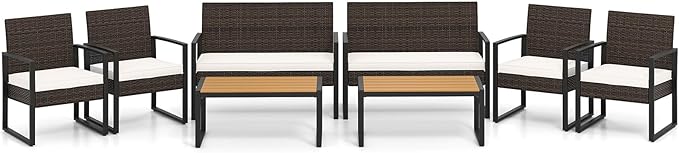 Tangkula 8 Pieces Patio Furniture Set, Outdoor Rattan Conversation Set w/Cushioned Chairs & Wood Plastic Coffee Table, Wicker Sectional Seating Furniture for Backyard, Poolside, Porch (Off White,2)