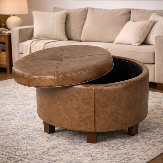 HomePop Large Leatherette Storage Ottoman - Distressed Brown Faux Leather