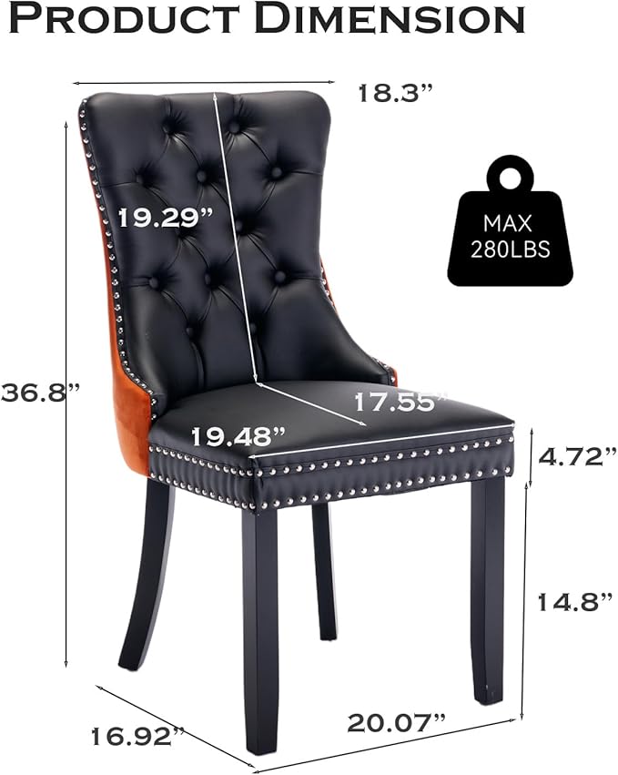 Pu Upholstered Dining Chairs Set of 4, Modern Style Kitchen Side Chairs with Nailhead Trim and Wood Leg, Metal Pulling Ring for Dining Room Living Room(Black&Orange,Set of 4)