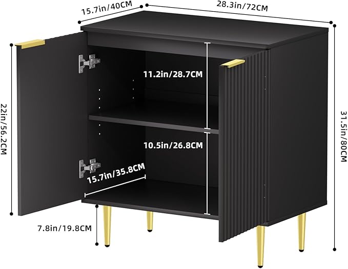 EOYUTLLY Black Fluted Storage Cabinet,Wood Sideboard Buffet Cabinet with Adjustable Shelf, Fluted Accent Cabinet with Gold Metal Legs, Console Table for Living Room,Dining Room,Kitchen