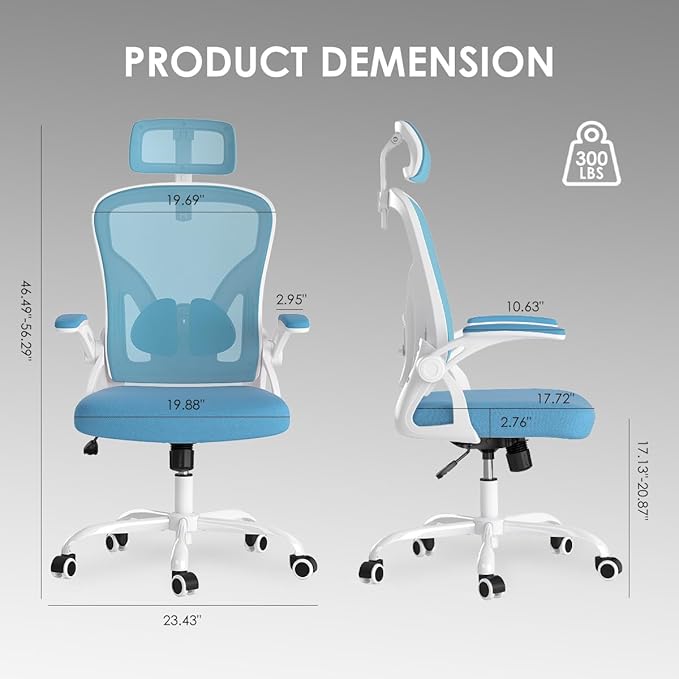 Farini Ergonomic Office Chair, Home Office Desk Chair with Headrest, High Back Computer Chair with Armrests and Adjustable Lumbar Support for Home Office Study Room, White & Blue
