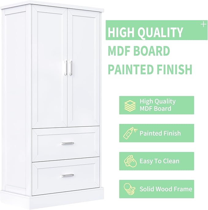 Polibi Tall Storage Cabinet with 2 Doors, 2 Drawers, 4-Tier Storage Racks of Each Door, Adjustable Shelf, Floor Free-Standing Cabinet for Bathroom, Living Room, MDF, White