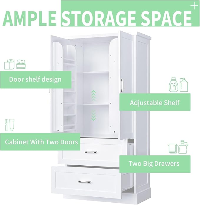 Polibi Tall Storage Cabinet with 2 Doors, 2 Drawers, 4-Tier Storage Racks of Each Door, Adjustable Shelf, Floor Free-Standing Cabinet for Bathroom, Living Room, MDF, White