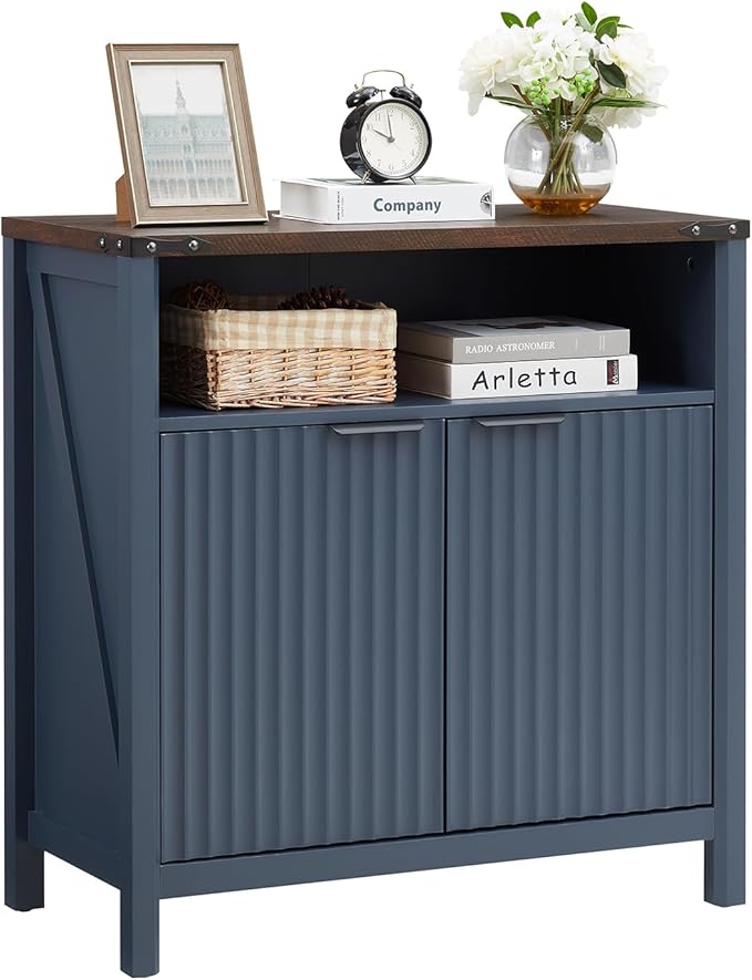 Buffet Cabinet with Storage - Modern Farmhouse Rustic 32 Fluted Sideboard Storage Cabinet Buffet with Adjustable Shelves, Coffee Wine Bar Organizer for Dining Room (Navy Blue)