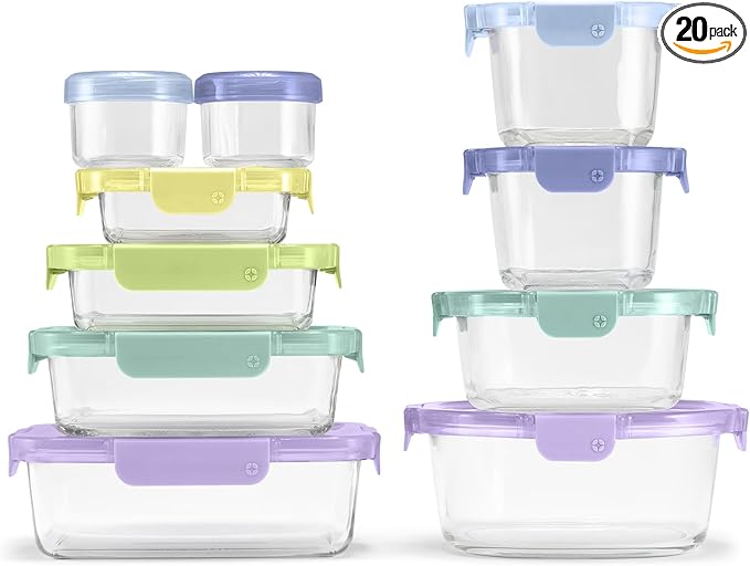 Ello Color Lock 20PC Mixed Glass Food Storage Sets, Leak-Proof Glass Food Storage Containers with Airtight BPA-Free Plastic Lids, Dishwasher, Microwave, and Freezer Safe, Purple Rain