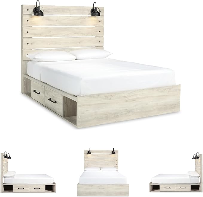 Signature Design by Ashley Cambeck Farmhouse Queen Panel Platform Bed with 2 Storage Drawers, Cubbies, Sconce Lights and USB Ports, Foundation or Box Spring Not Needed, Whitewash