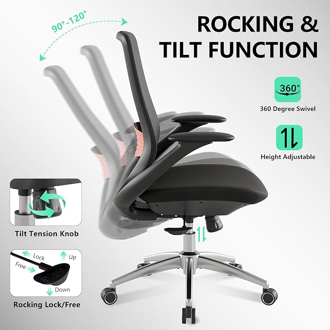 Ergonomic Office Chair, High-Back Mesh Executive Chair with Lumbar Support & 360° Adjustable Arms, Reclining Desk Chair with Tilt Lock for Home Office, Gaming, and Work, 300lb Capacity (Black)