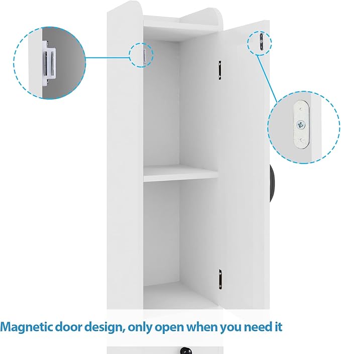 Maupvit Bathroom Cabinet with Adjustable Shelf, Storage Cabinet for Small Space, Tall Bathroom Storage Cabinet with Retractable Toilet Paper Rod, Narrow Cabinet with 2 Doors, 8 Compartments (White)