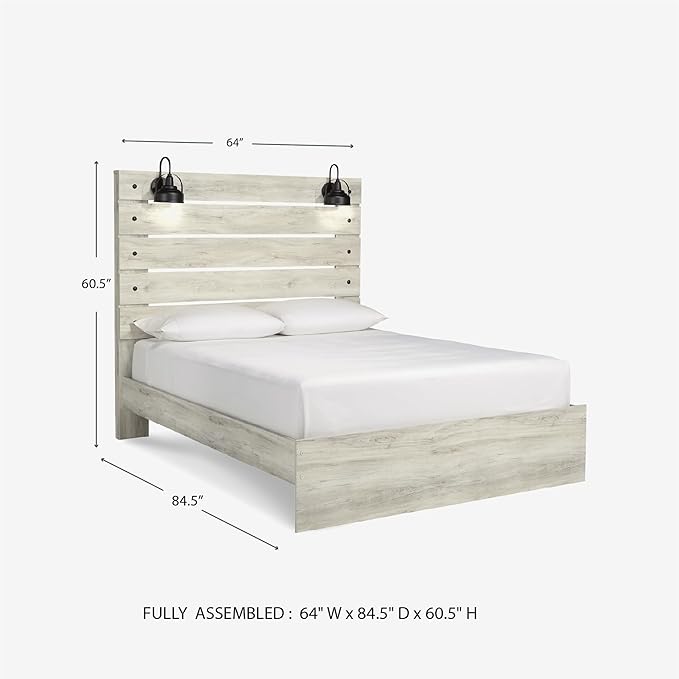 Signature Design by Ashley Cambeck Farmhouse Queen Panel Bed with LED Sconce Lights and USB Charging Ports, Open Slat Styling, Foundation or Box Spring Needed, Wood, Whitewash Finish