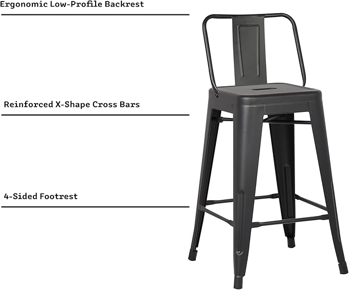 AC Pacific 24” Metal Barstool Set of 2 – Country Rustic Style with Low Back, Lightweight & Sturdy Build, Easy Assembly – Black Matte