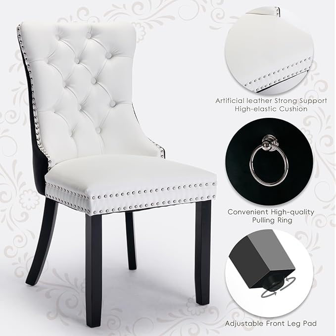 Leather Upholstered Dining Chairs Set of 2, Modern Style Kitchen Side Chairs with Nailhead Trim and Wood Leg, Metal Pulling Ring for Dining Room Living Room(Black&White,Set of 2)