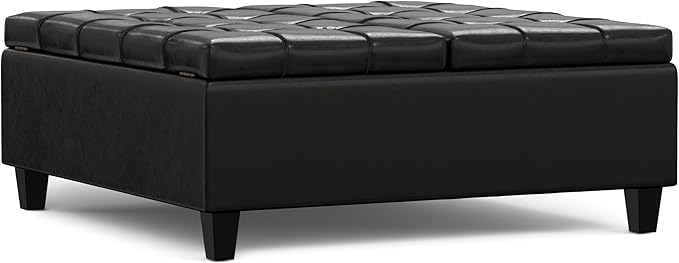 SIMPLIHOME Harrison Large Coffee Table Storage Ottoman - 40 inch Wide Upholstered Vegan Leather Square Lift-Top Ottoman in Midnight Black, Transitional Bench for Living Room with Sturdy Base