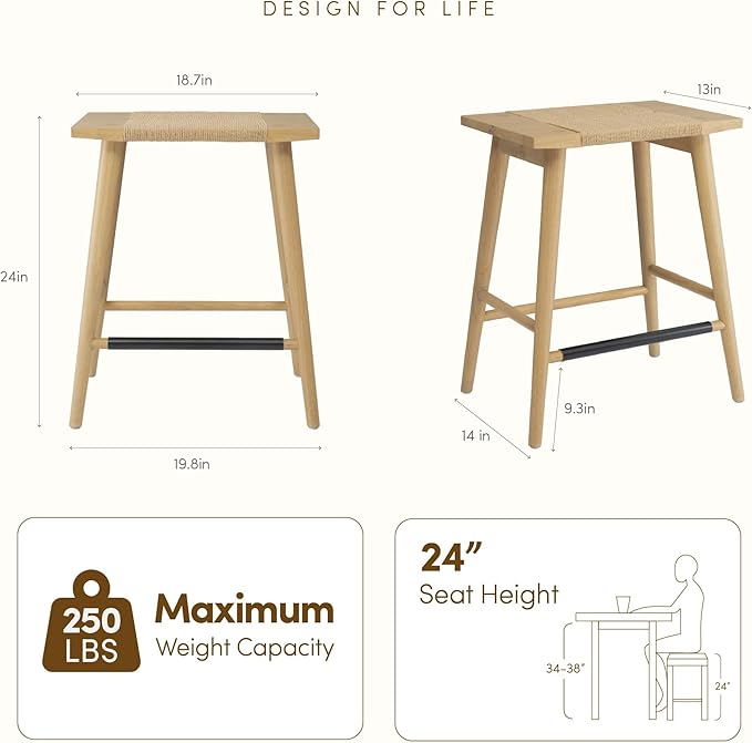 Thor Wicker Premium Solid Wood Counter Stool 24", Set of 2, Backless Counter Height Stool with Hand-Knitted Rope, Eco-Friendly Modern Design (Light Oak)