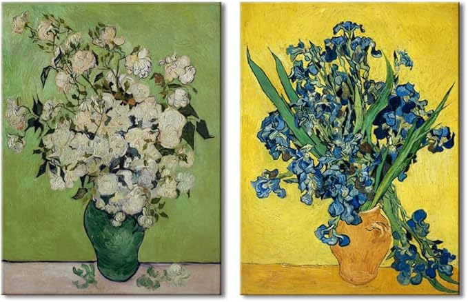 Wieco Art 2 Piece Irises in Vase Floral Canvas Prints Wall Art by Van Gogh Classic Artwork Famous Oil Paintings Reproduction on Canvas for Home Decor Modern Wrapped Flowers Pictures