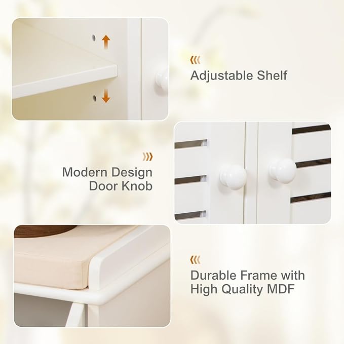 MFSTUDIO Shoe Storage Bench, White Shoe Entryway Bench with Seating Padded Cushion, 2 Doors, Adjustable Shelf, Freestanding Shoe Rack Organizer for Entryway Hallway Living Room Bedroom, Beige Cushion