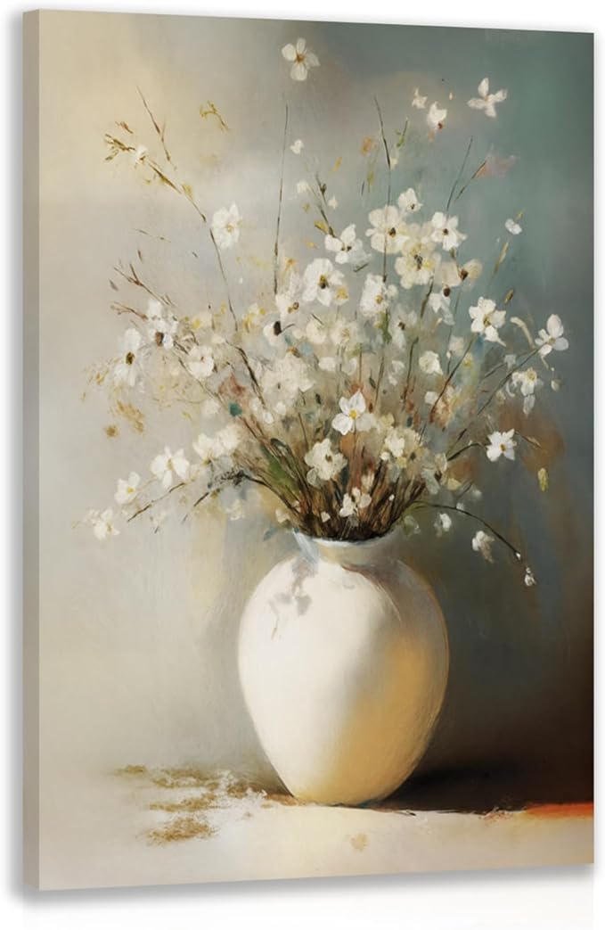 HLXRAE Framed White Floral Wall Art, Rustic Farmhouse Bathroom Wall Decor, Soft Neutral Wildflower Still Life Canvas Print, Minimalist Botanical Aesthetic Picture for Bedroom Laundry 16x24 Inch