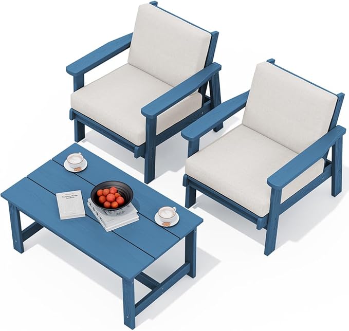 SERWALL HDPE Outdoor Couch, Blue Frame and Khaki Cushion