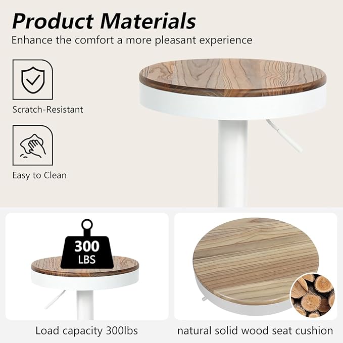 Kidol & Shellder Bar Stools Set of 2 Round Adjustable Swivel Barstools Modern Backless Bar Chairs Wooden Seat Counter Height Stools Armless for Kitchen Island, Cafe, Dining Room White