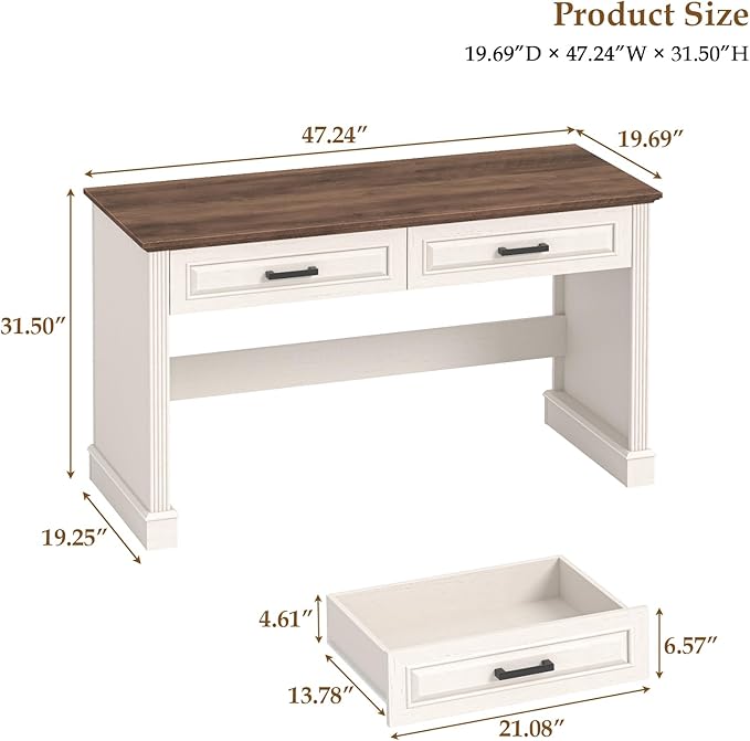 Farmhouse Executive Desk, 48 Inch Computer Desk with 2 Drawers, Simple Home Office Writing Desk Workstation for Bedroom Study Small Spaces, White and Brown