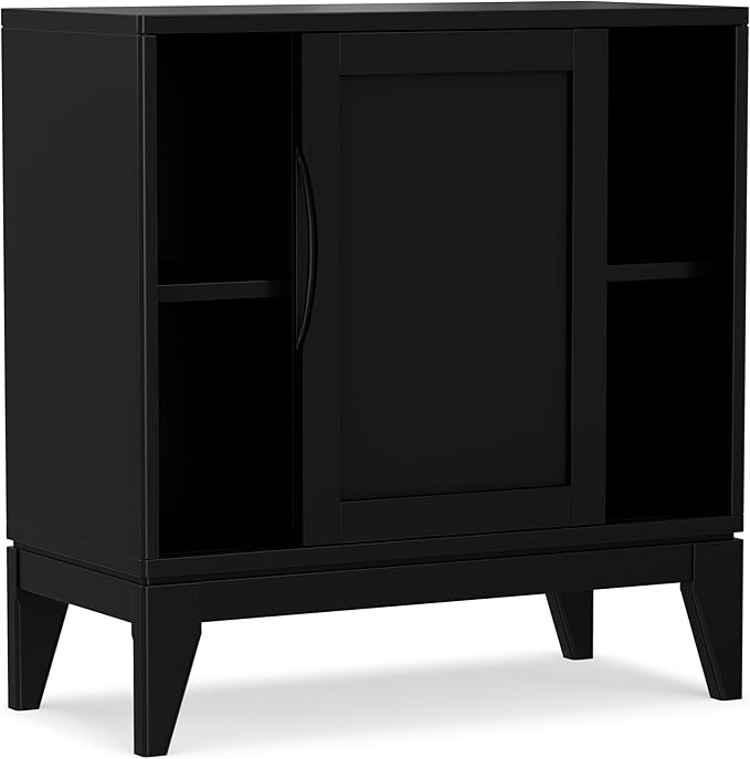 SIMPLIHOME Harper Storage Cabinet - 30 inch Wide Solid Hardwood 2-Shelf Low Console Cabinet in Black, Mid-Century Modern Cupboard for Living Room with Sliding Doors and Adjustable Shelves