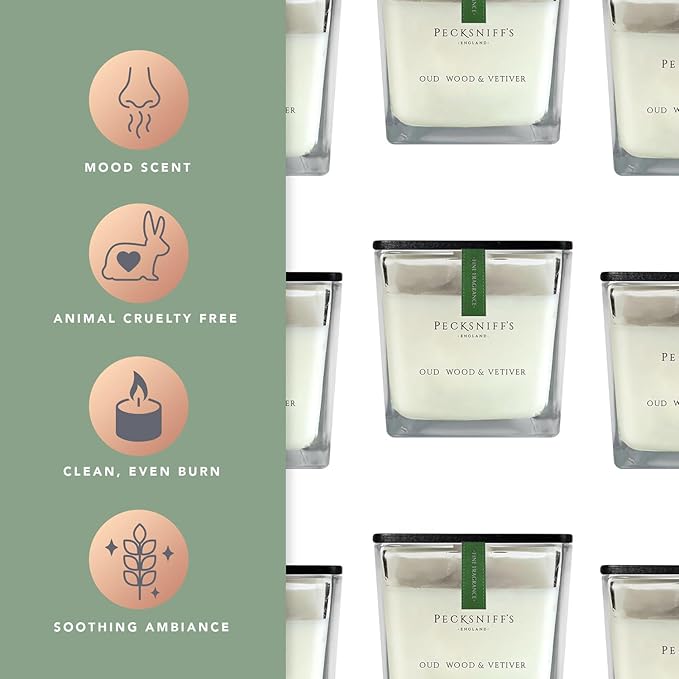 Pecksniff's Prestige 1 Wick Square Candle, Oudwood & Vetiver - Luxurious Blend of Citrus, Florals, and Precious Woods - 190g Sophisticated Home Decor and Fragrance - 6.7 oz