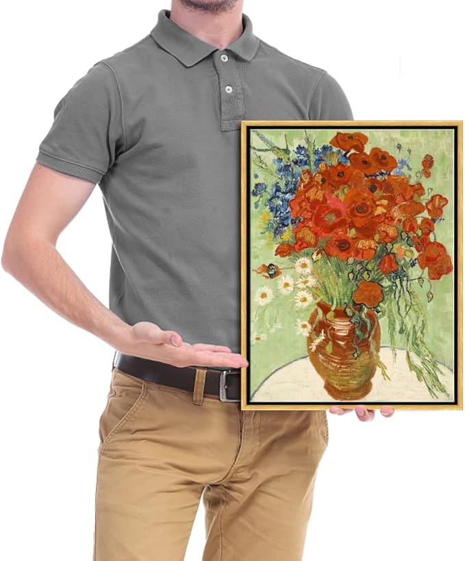 Wieco Art Framed Wall Art of Red Poppies and Daisies by Vincent Van Gogh Paintings Reproduction Abstract Canvas Prints for Home Living Room Decorations Bronze Gold Frame