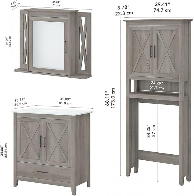 Bush Furniture Key West 32W Bathroom Vanity Sink with Mirror and Over The Toilet Storage Cabinet in Driftwood Gray