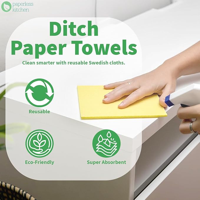 Paperless Kitchen Swedish Dishcloths 12-Pack – Reusable Eco-Friendly Cleaning Towels, Super Absorbent Cellulose Sponge Cloths for Kitchen, Dishes & Countertops, Quick-Dry & Compostable