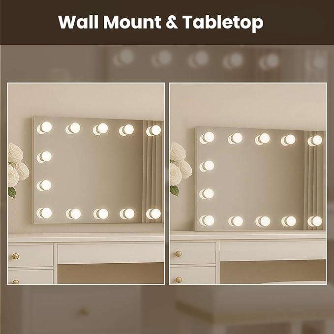 WTTY LED Bathroom Mirror with Lights 40"x28" Hollywood Wall-Mounted Mirror with 3 Color Temperatures, Stepless Dimmable Bulbs, Anti-Fog & Shatter-Proof