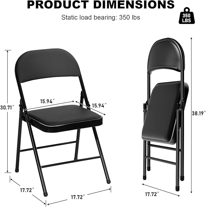 24 Pack Black Folding Chairs with Padded Cushion for Outside, Portable Stackable Commercial Metal Foldable Chairs with Steel Frame for Home Events Office Wedding Party, 350lbs Capacity