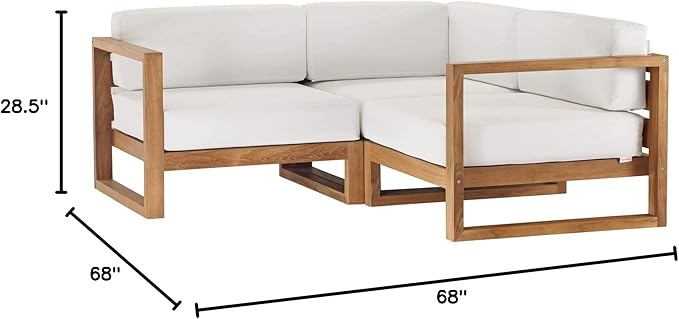 Modway EEI-4255-NAT-WHI-SET Upland Patio Teak Wood 3-Piece Sectional Sofa Set, Natural White