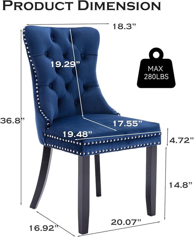Velvet Upholstered Dining Chairs Set of 4, Modern Style Kitchen Side Chairs with Nailhead Trim and Wood Legs,Metal Pulling Ring for Dining Room Living Room(Blue,Set of 4)