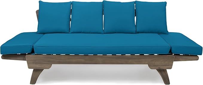 Christopher Knight Home Gary Patio Convertible Couch, Wooden Outdoor Daybed, 3-Seater Acacia Wood Patio Furniture Lounge Sofa for Backyard/Poolside/Garden, Back Pillow+Removable Cushion, Grey+Teal