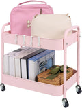 2 Tier Rolling Cart Metal with Wheels Under Desk Storage Cart for Small Space Organization, Small Trolley for Pantry Room Laundry Bathroom Kitchen Office Art Snack Baby Supplies, Pink