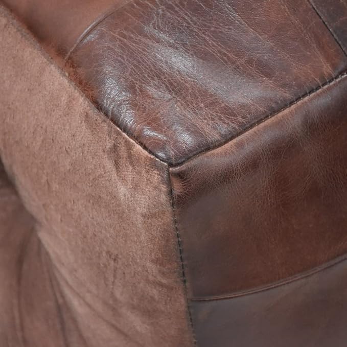 Handmade Eco-Friendly Geometric Leather Pouf Brown Color Square 18" x 18" x 18" Buffalo Leather Pouf for Living Room, Bedroom Seating, Patio